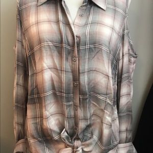 Plaid cold shoulder long sleeve top